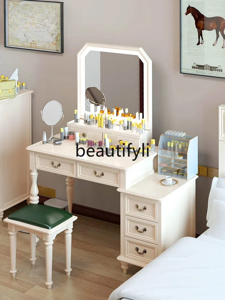 All solid wood American light luxury side cabinet with lamp dresser custom white bedroom makeup table