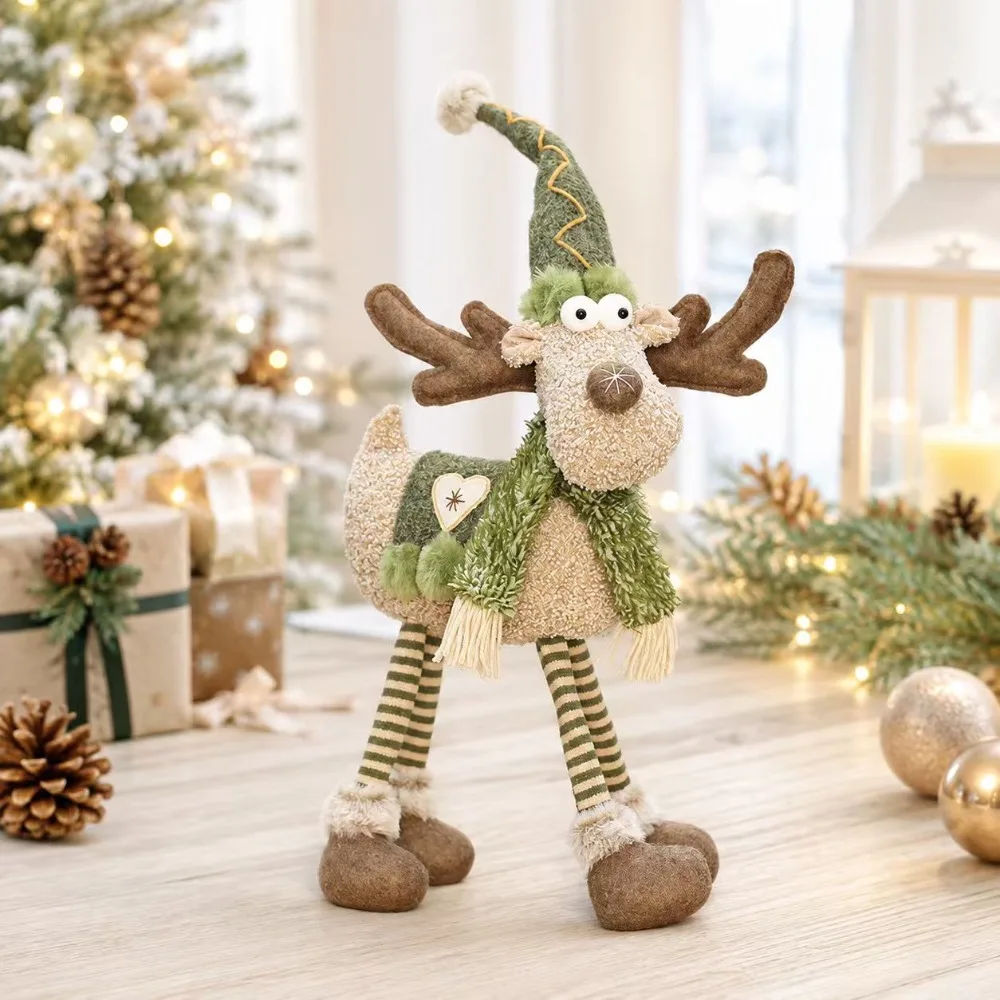 1 piece of Christmas elk decorative tabletop ornament. Complemented by fresh green color, paired with a pointed hat and fringed