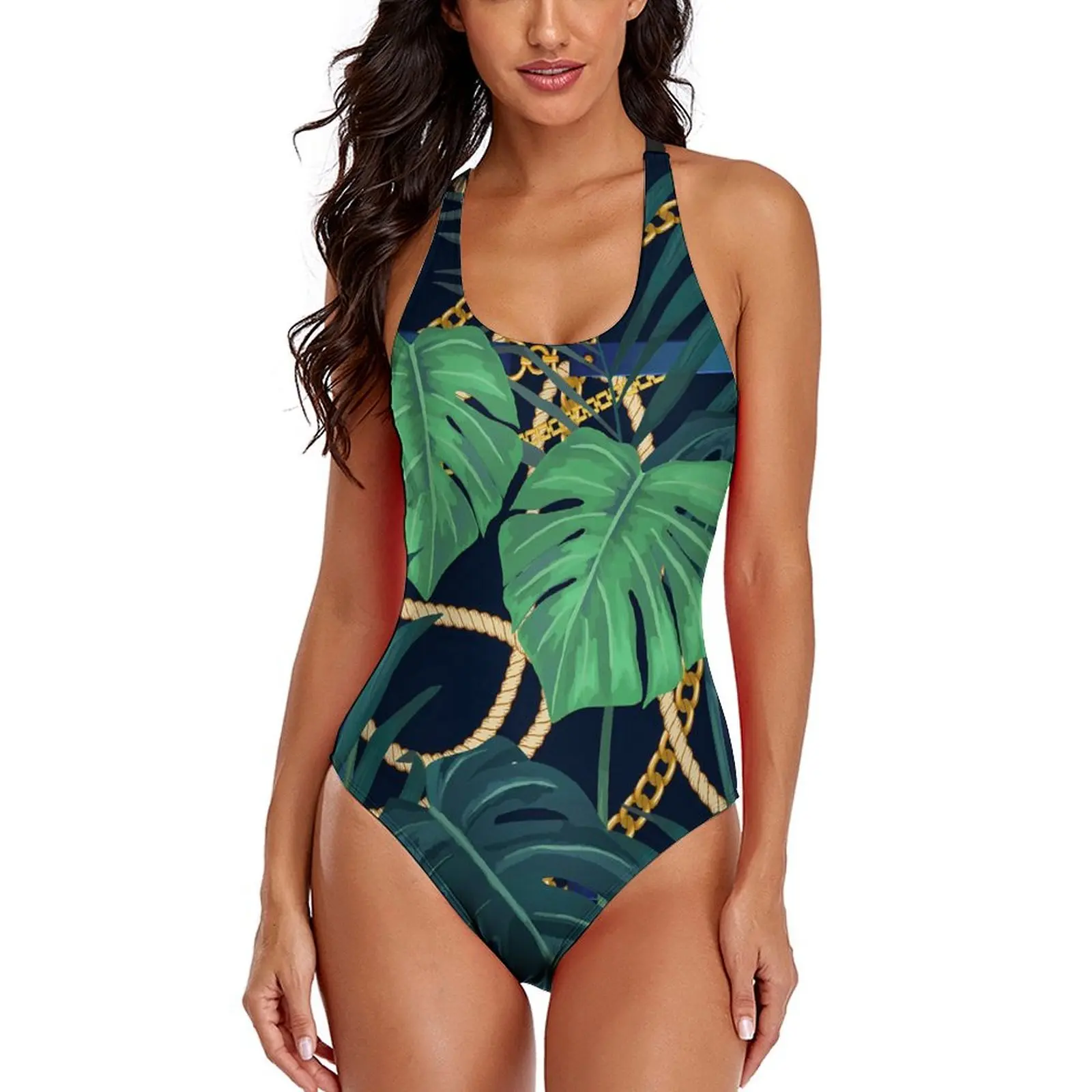 Gold Chains Swimsuit Sexy Palm Leaf Print One Piece Swimwear Push Up Bodysuit Funny Beach Outfits Birthday Present