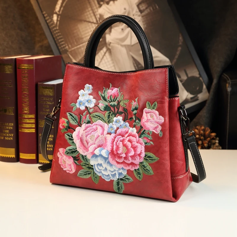 

Niche Tote Bag Genuine Leather Women Handbag Flower Design Portable Bag Middle-Aged Ladies Mom Bag Large Capacity Crossbody Bags