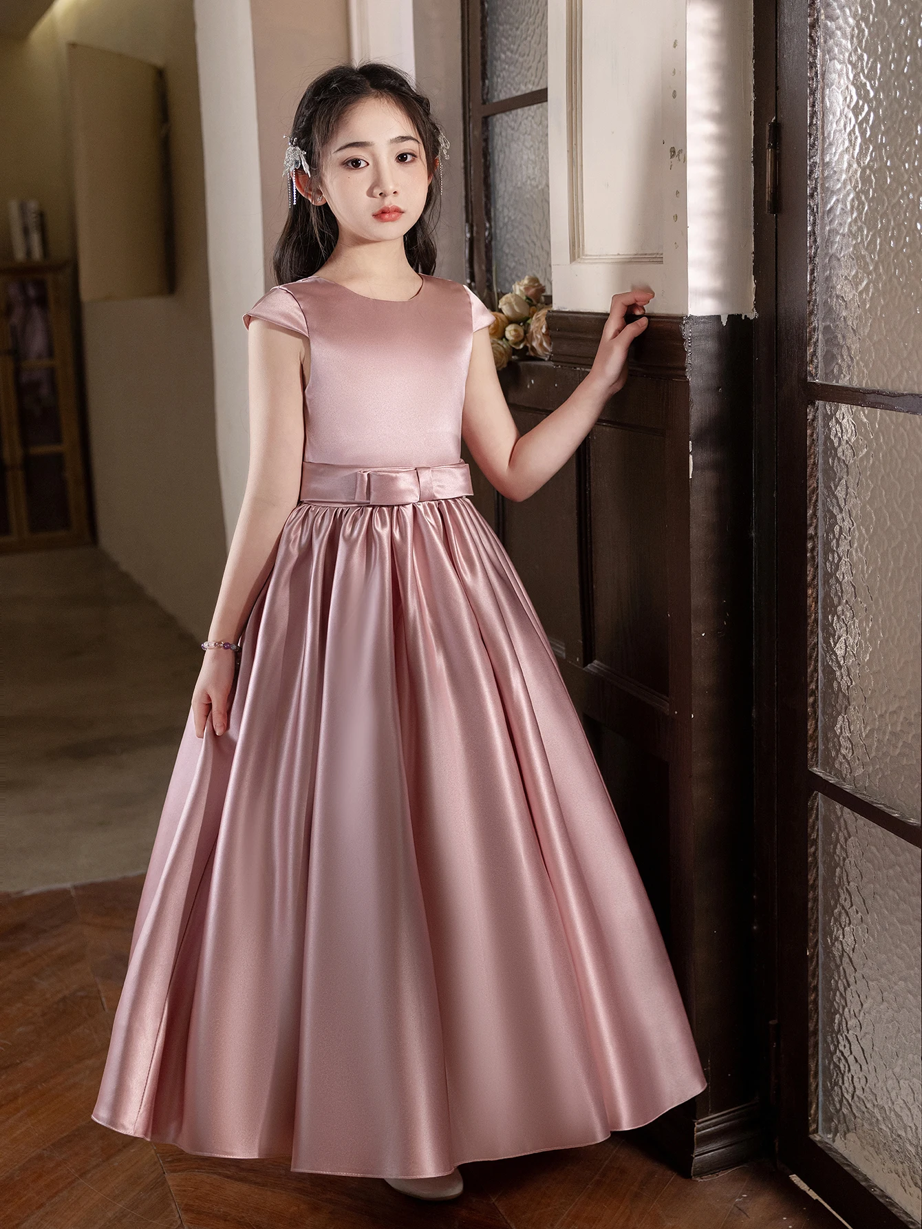 

Elegant Girl's Pink Long Dress Used For Birthday Party Performances Wedding Evening Dresses Bridesmaid Dresses