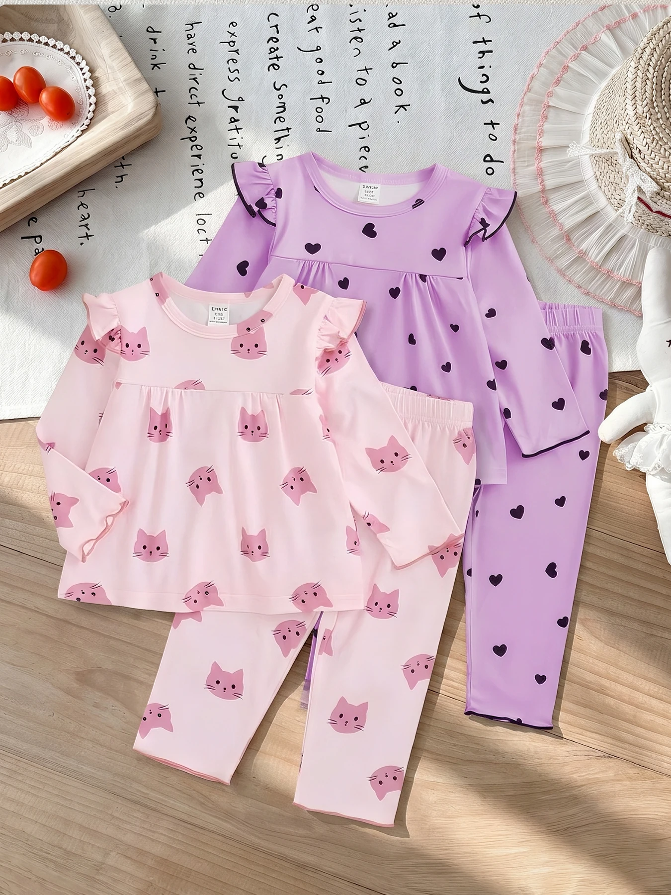 4-Piece Baby Girl Set, Cute Cat & Heart Print, Long Sleeve Ruffle Top & Pants, Soft Casual Home Wear, Spring & Fall