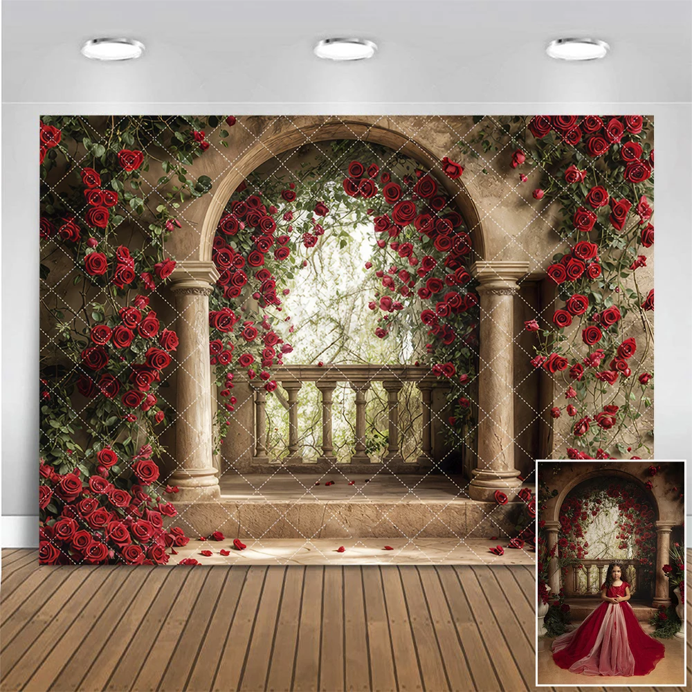 

Red Rose Garden Photography Backdrop Kids Adult Bride Shower Birthday Photoshoot Background Romantic Arch Photo Studio Props