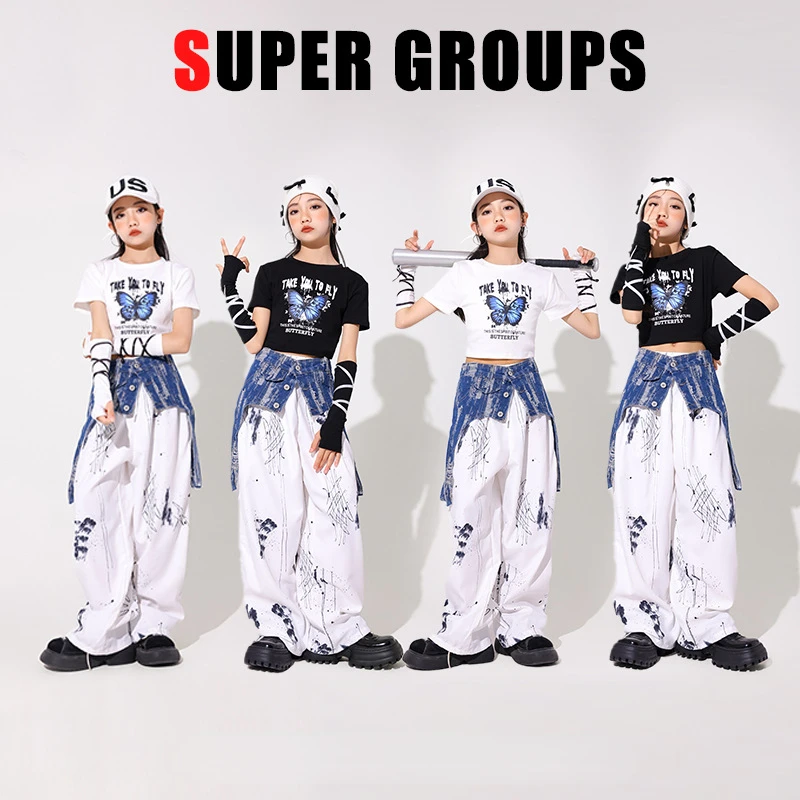 Ensembles de vêtements Hip Hop pour filles, costume de danse jazz pour enfants, pantalons en Y blancs, vêtements Kpop imbibés, tenues de scène interdites, été