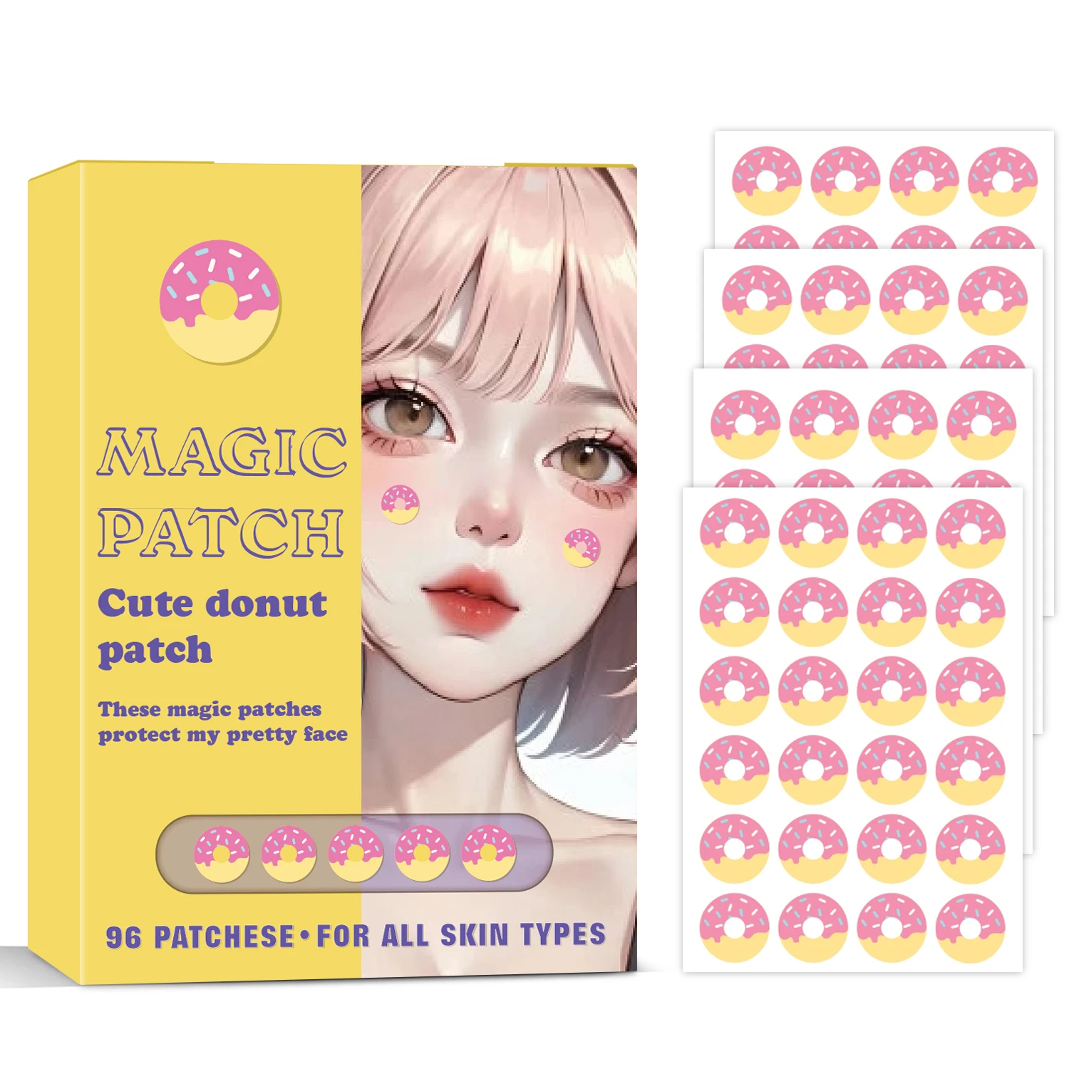 96 قطعة من رقع حب الشباب دونات |   لطيف ومقاوم للماء وارتداء طوال اليوم