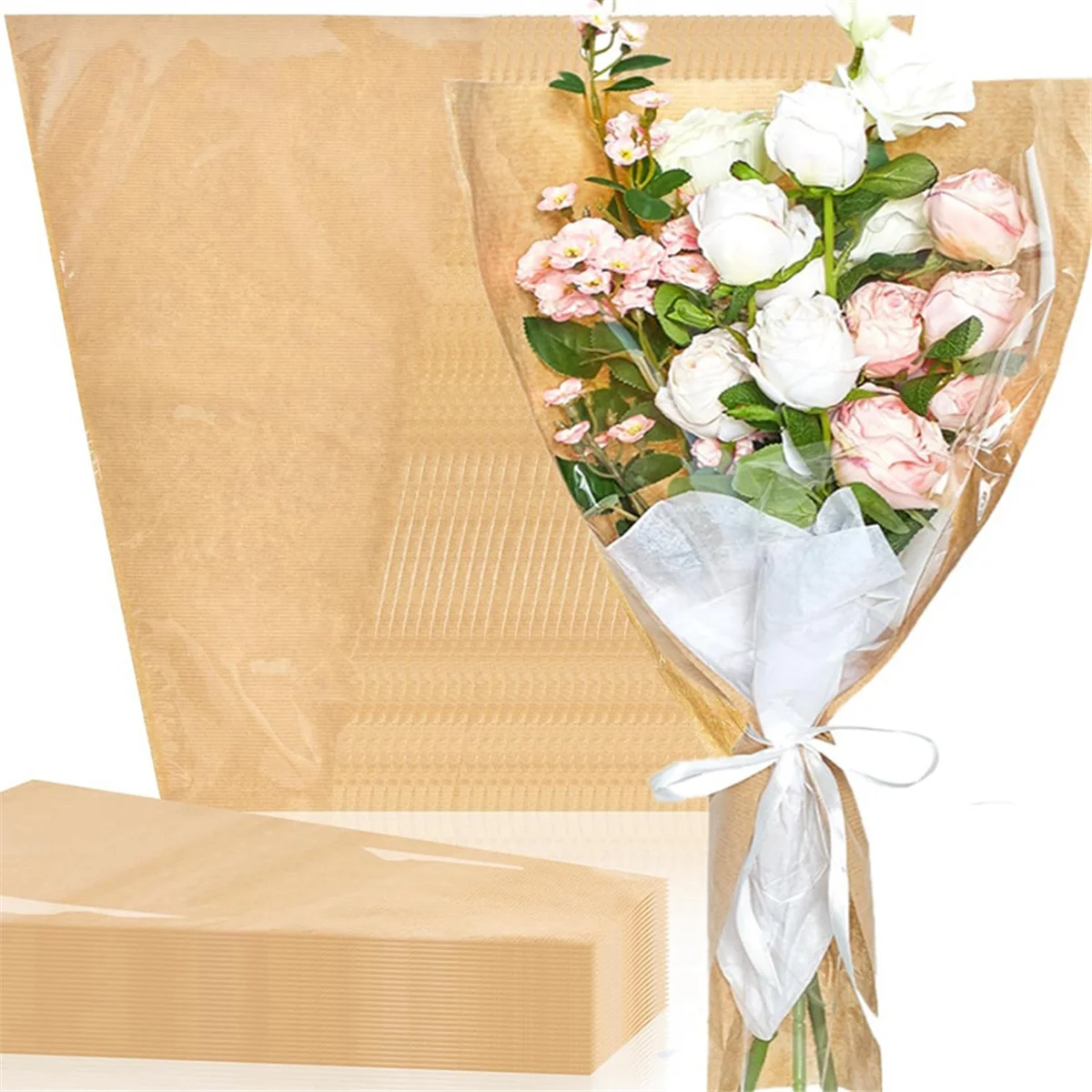 50 Pack Flower Sleeves for Bouquet, 14 X 22 Inches Flower Wrapping Paper Bag, Clear Front Kraft Flower Paper