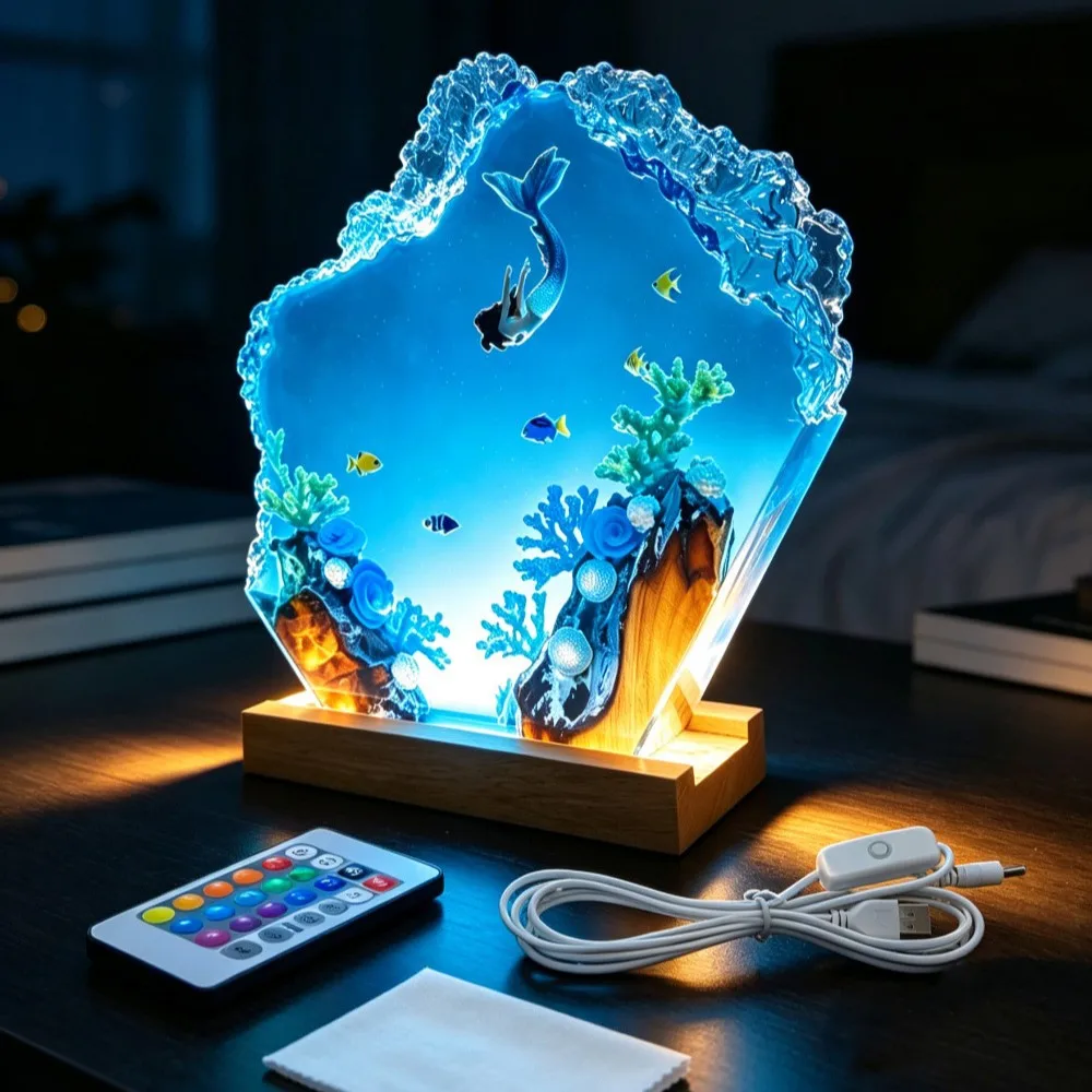 Deep Sea Mermaid Epoxy Sculpture Ornament Solid Wood Resin Luminous Home Decoration Crafts Exquisite Gifts