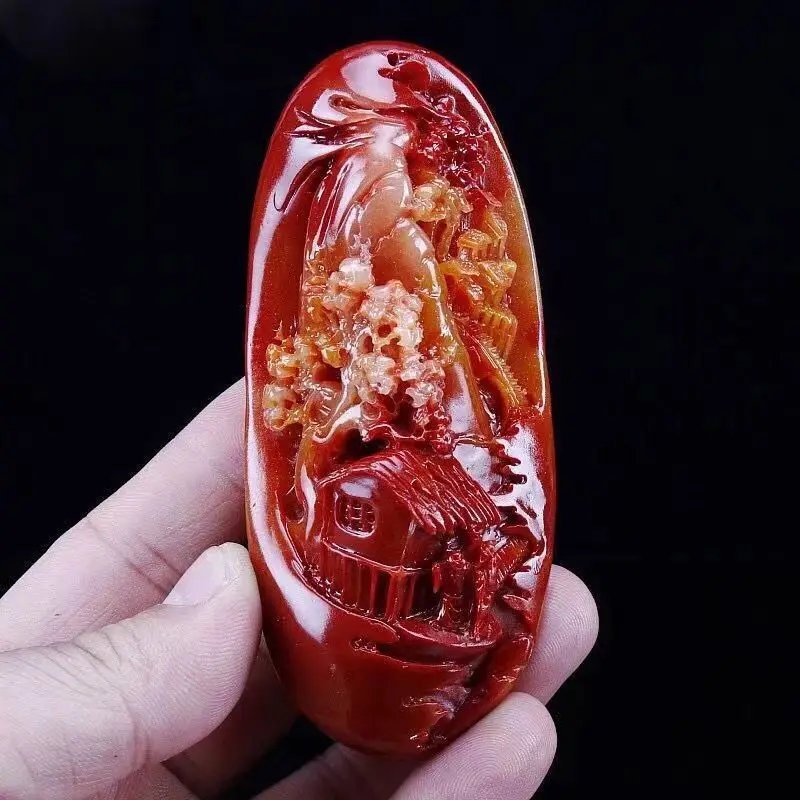 Chinese Antique Huanglong Jade Carved Landscape Waist Tag Statue