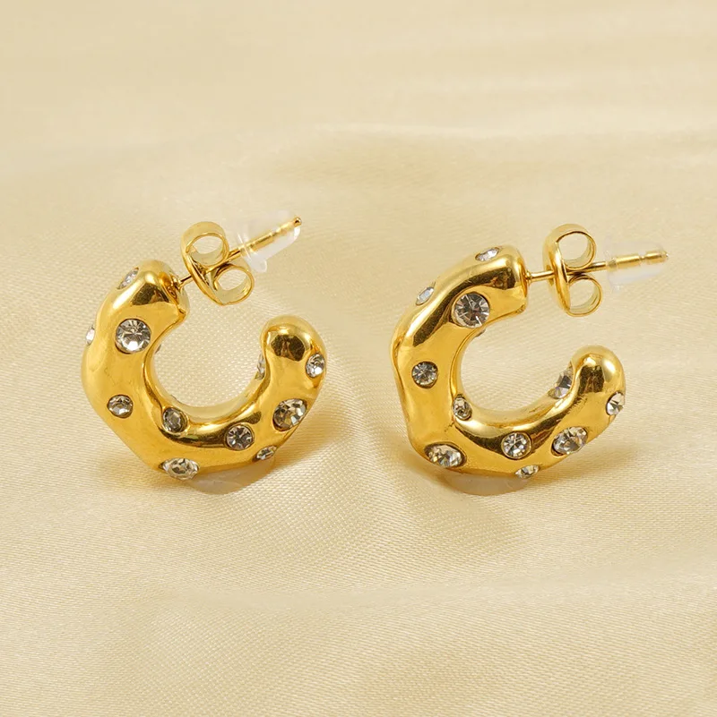 Trendy Gold Color Crystal Stainless Steel Round Earrings For Women Imitation Pearl Metal Earring Party Everyday Jewelry