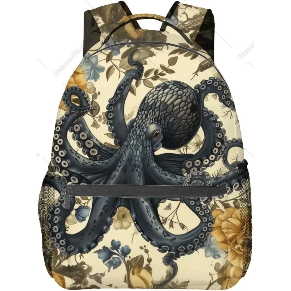 

Back to School Chic! Octopus & Floral Backpack, Unique Marine - Botanical Design, Stylish Bag for Nature Lovers