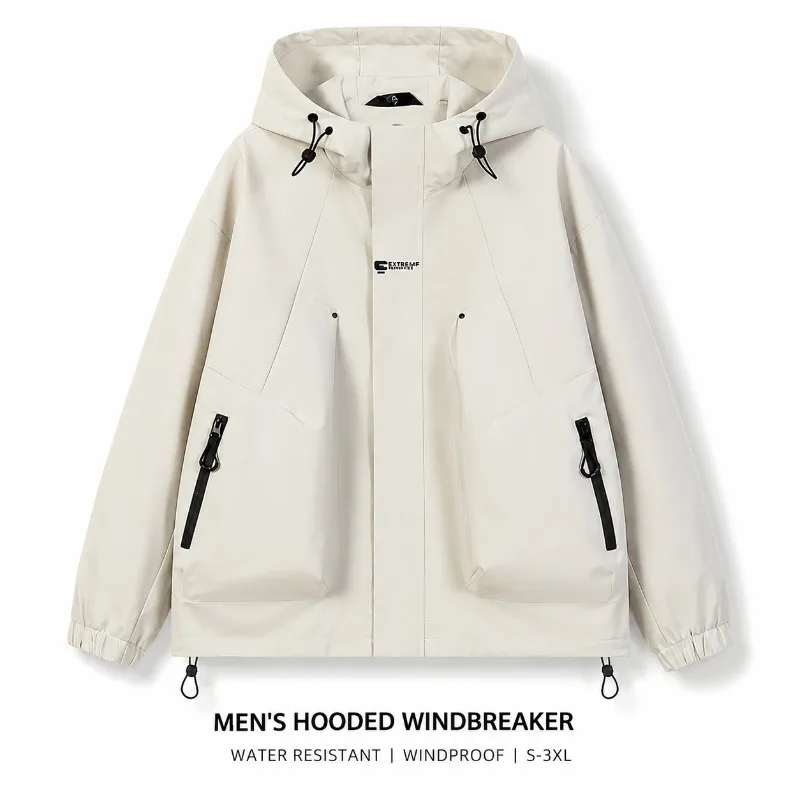 Men Outdoor Hooded Windproof Jacket Lightweight Waterproof Casual Hiking Travel Commuter Coat Multi Pocket Outerwear
