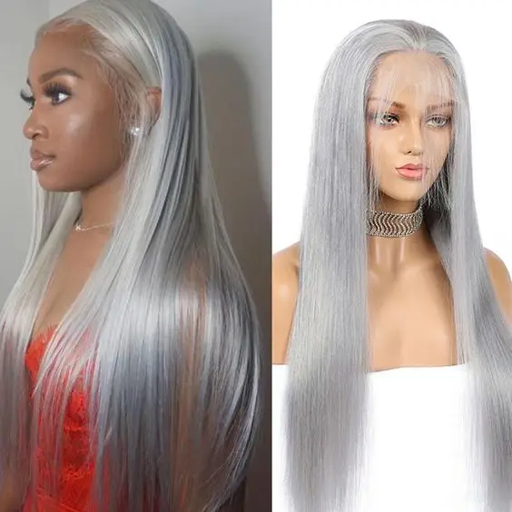 

Long Straight Grey Silver Fiber Wigs Synthetic Heat Safe Full Wig None Lace Soft