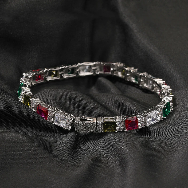 Hip Hop Colorful CZ Stone Bling Iced Out Tennis Link Chain Bracelet for Women Men Unisex Rapper Jewlery Silver Color