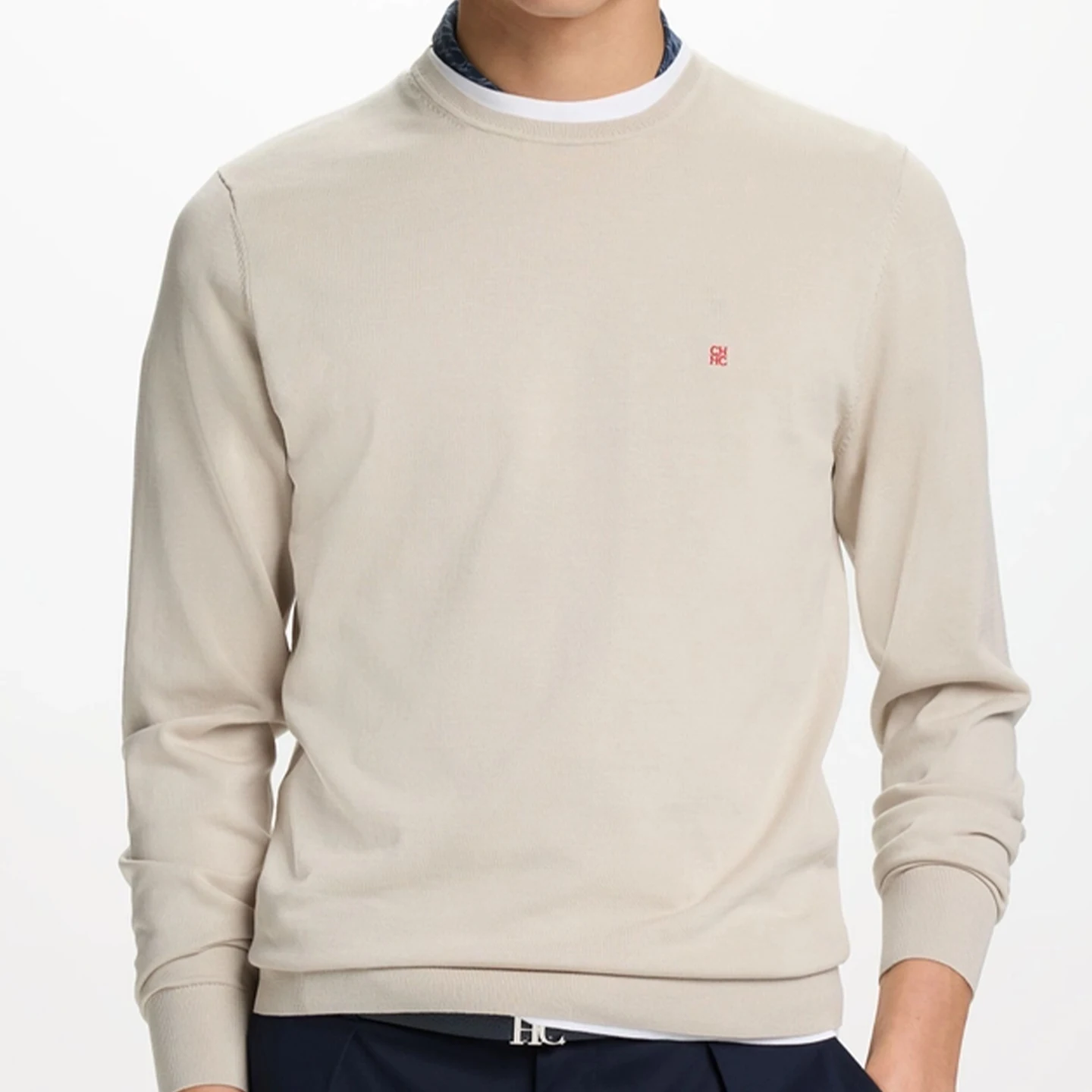 CH Men's  Crew Neck Sweater Slim Fit Long Sleeve Knit Pullover with Red Embroidery Business Casual Top