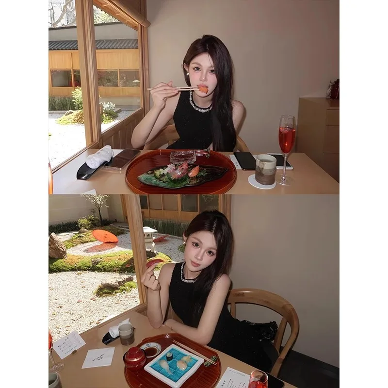 Robes femmes noir automne Satin perle lambrissé décoratif plissé couches Midi Banquet français Chic à la mode exquis quotidien