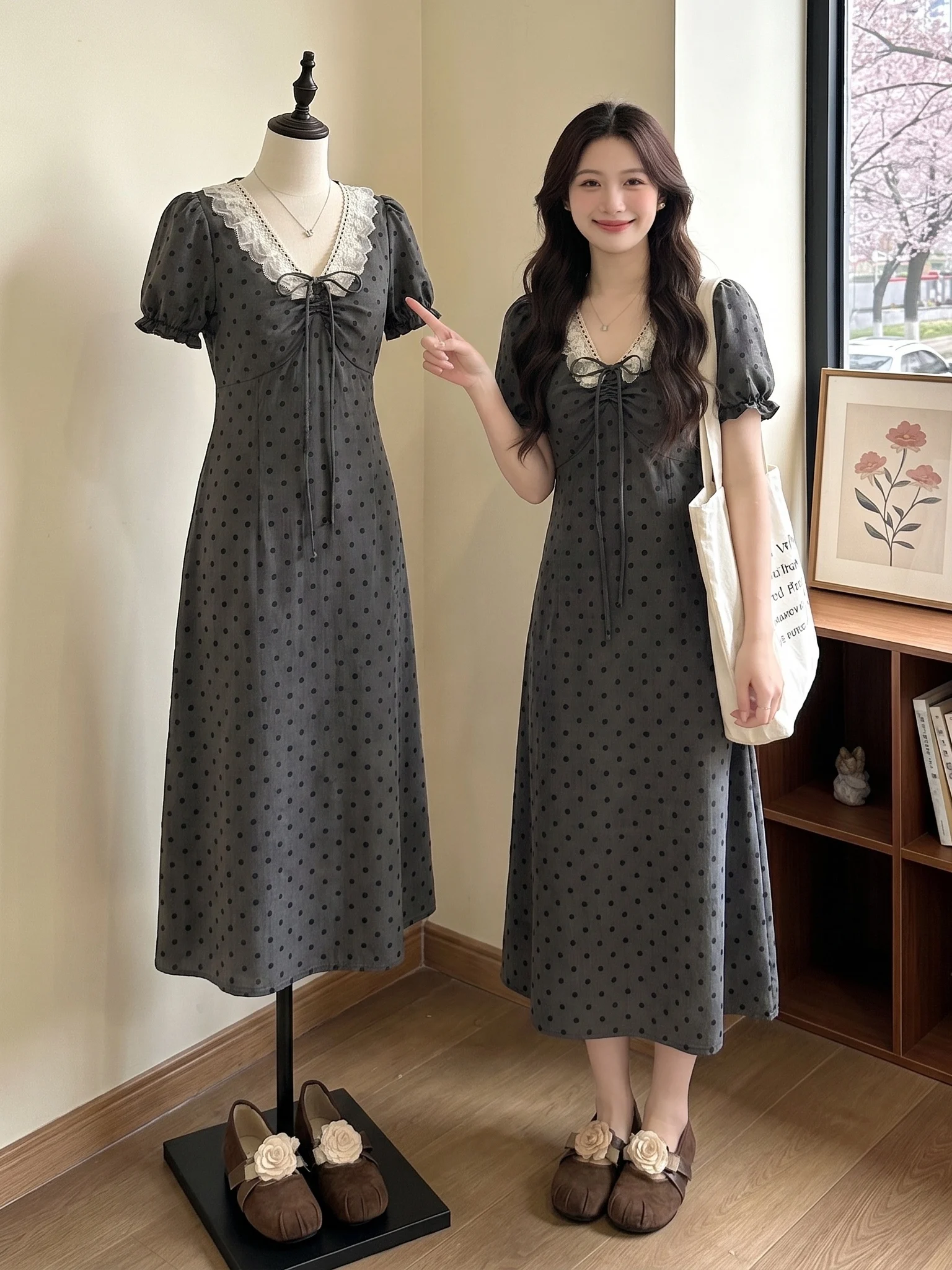 

Gray Polka Dot Shoulder Length Dress Women's Korean Style Summer New plus Size Slimming Skirt High Waist A-Line Dress