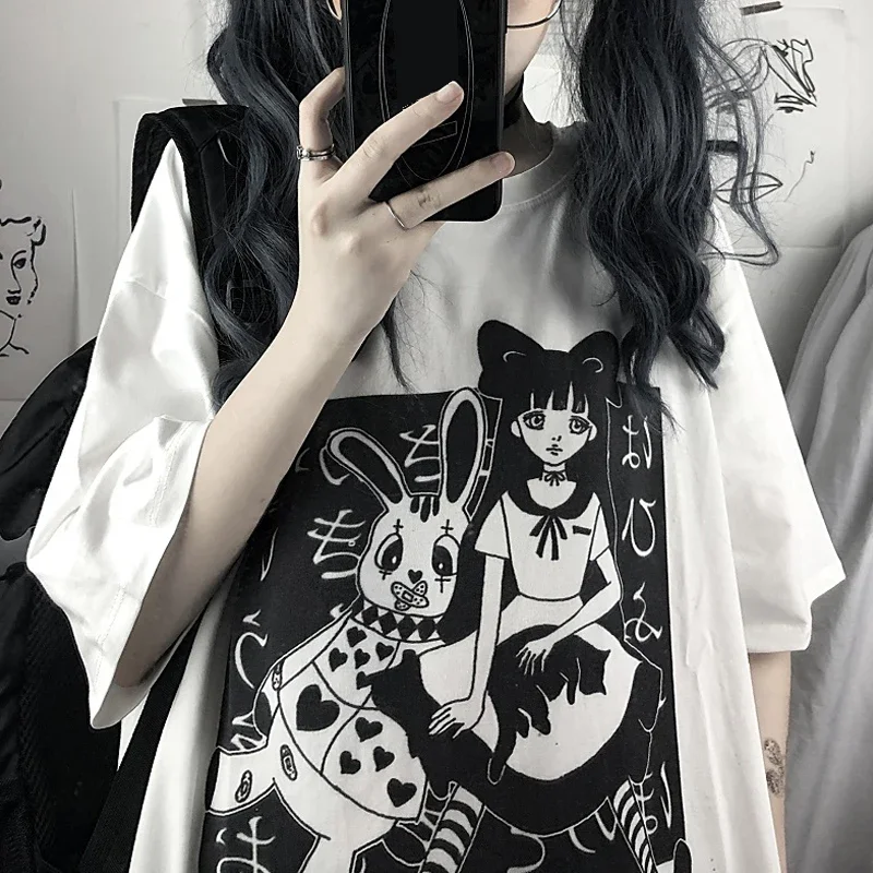 

Kawaii женская свободная уличная футболка большого размера, рубашки с графическим рисунком, модная футболка в стиле Харадзюку в стиле хип-хоп, топы с короткими рукавами и круглым вырезом с героями мультфильмов