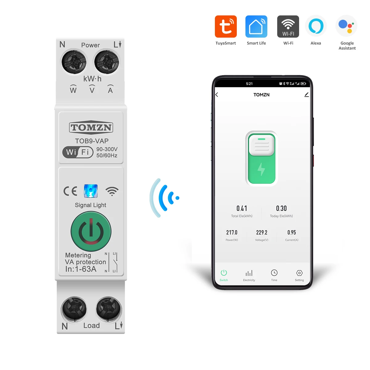 63A TUYA WiFi MCB قطاع دارة ذكي أكثر من التيار تحت الجهد حماية قياس الطاقة مفتاح التحكم عن بعد اللاسلكي