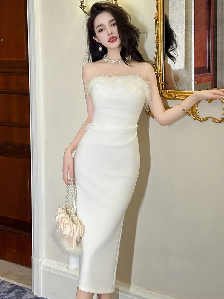 white christmas dresses Lunivop A line Satin White Dress sexy Crystal Stone Strap Club Party D –  lunivop main image 0