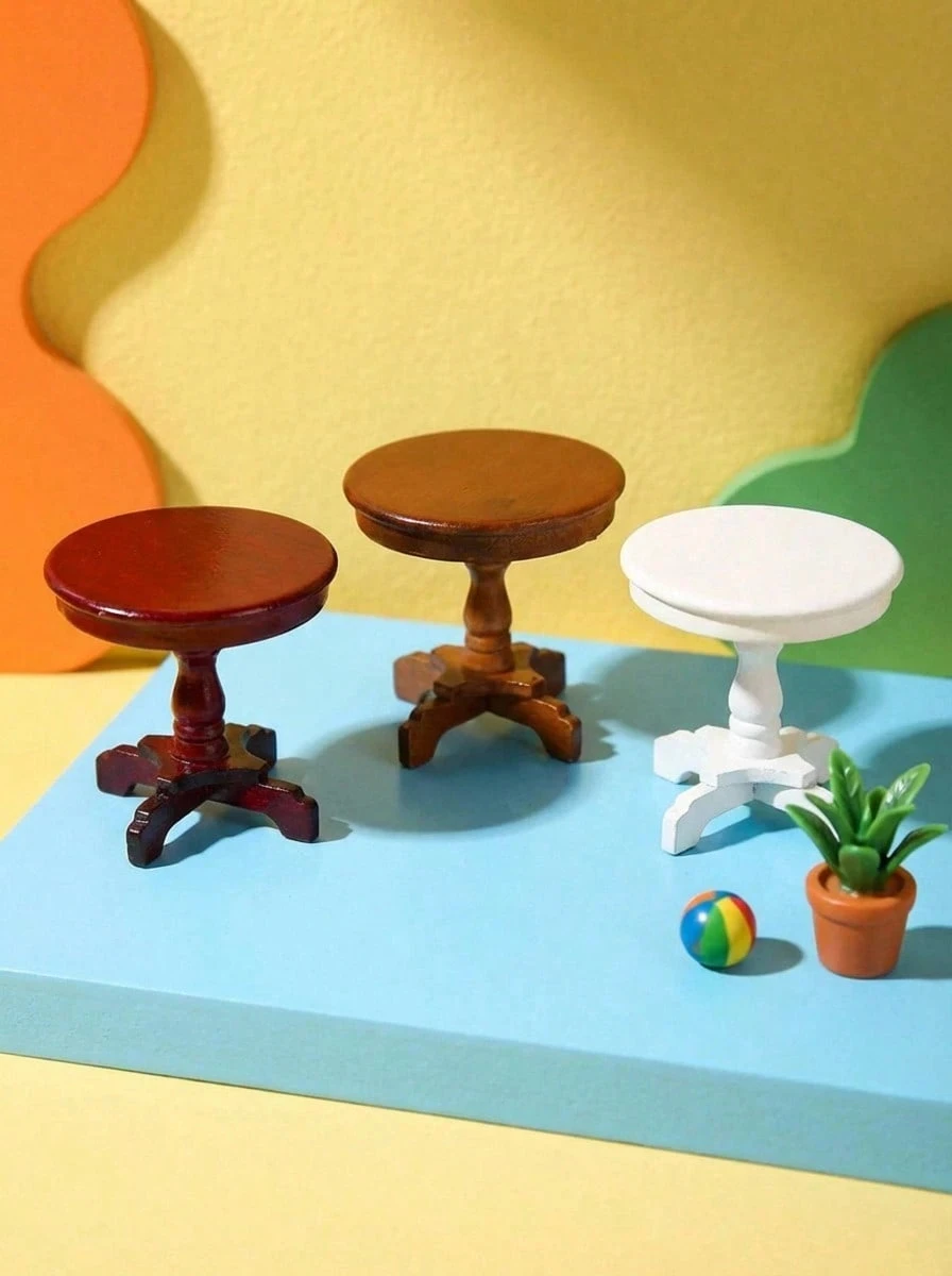 1:12 Mini Wooden Round Table with Lace Tablecloth, Dollhouse DIY Multi‑Purpose Furniture for Miniature Scene Decor