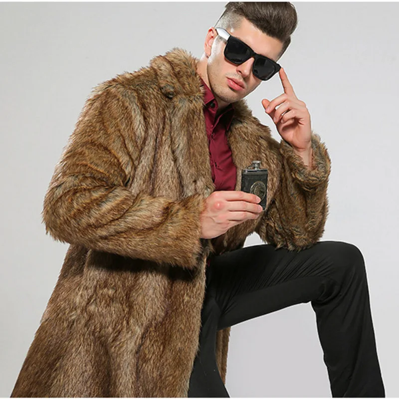 

Luxury Brand Men Long Faux Fur Coat Thick Warm Long Sleeve Trench Coat Windproof Jacket Fur Coat Slim Korean Fashion Snowsuit
