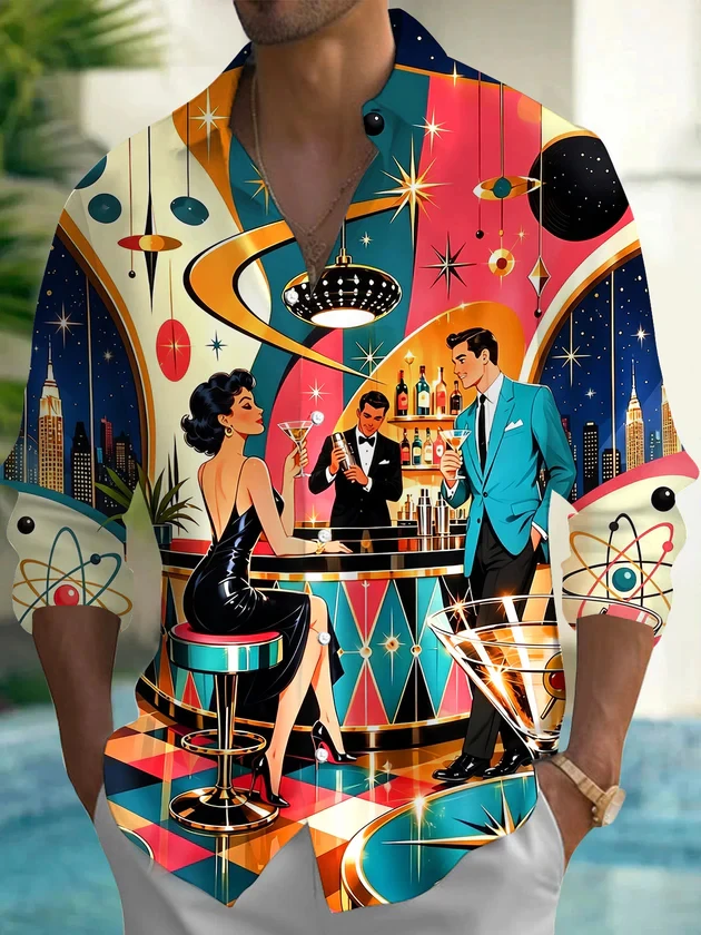 Novelty Men's Shirts Vintage Art Illustration Printed Loose Vacation Short Sleeve Lapel Tops Casual Street Men Clothes