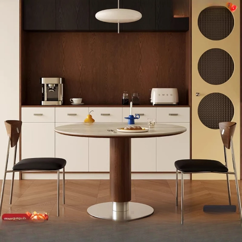 

Обеденный стол Fengdongshi из каменной плиты и массива дерева, круглый стол Via, дизайнерская комбинация стола и стульев для дома, 1 метр.