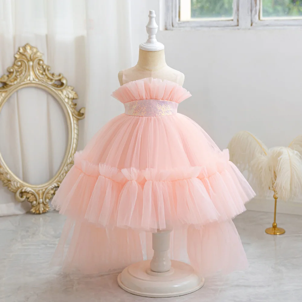 Fluffy Trailing Tulle Baby Girls Party Dresses Sequin Princess 1st Birthday Wedding Dress For Girl Elegant Bow Tutu Evening Gown