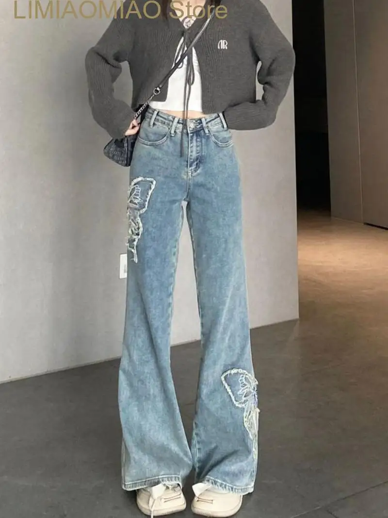 New Flare Jeans High Waist Wide Leg Women Butterfly Embroidery Pants Denim Zipper Fly Ankle Length Pantalones Vintage