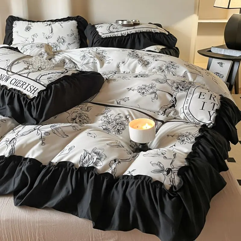 

Ins Hepburn Style Black Lace Sketch Washed Cotton Four Piece Set Student Dormitory Bed Sheets Three Piece Set Bed Sheets Bed