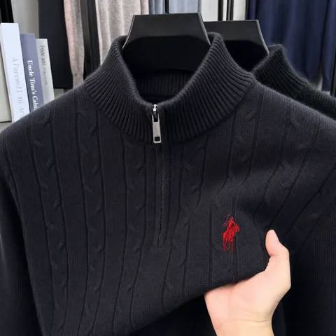 2026 New Autumn Men's Long Sleeve Knitted Sweater, Zipper Collar Jacquard Spurs Embroidery Pullover, High Quality Thin Men's Top