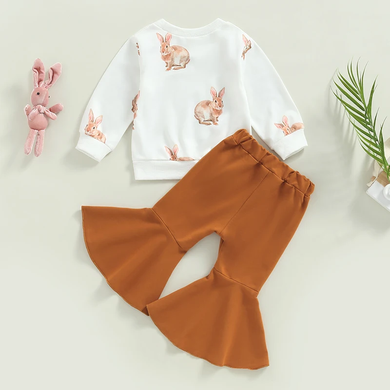 2022-12-01 Lioraitiin 0-4Years Toddler Girls Easter Clothes Set Rabbit Print Long Sleeve Crew Neck Sweatshirts Solid Flare Pant