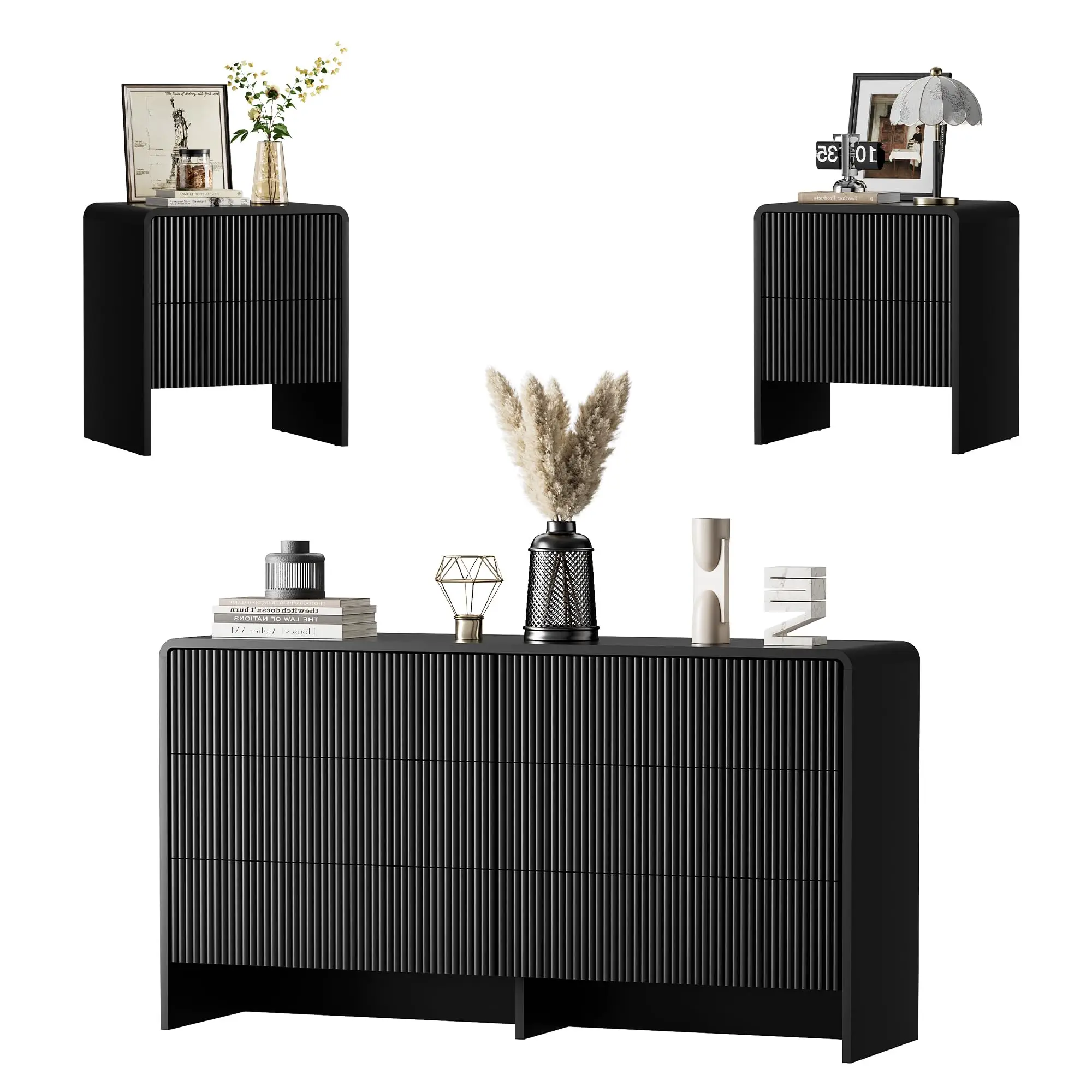 3 Piece Bedroom Drer Set, 6 Der Drer with 2 Nightstands, Fluted Chest of Ders with -Up Design, ern Storage Furniture