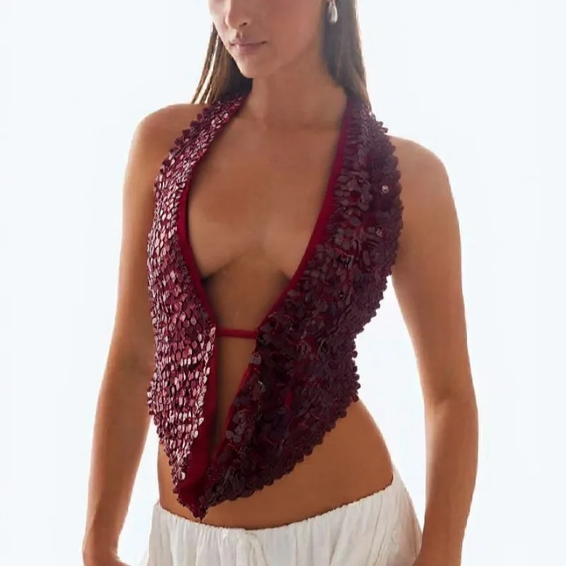 New Summer Sequin Female Tank Top Sexy Backless V-Neck Hollow Out Patchwork Glitter Y2k Cropped Top for Women Shiny Vest Top