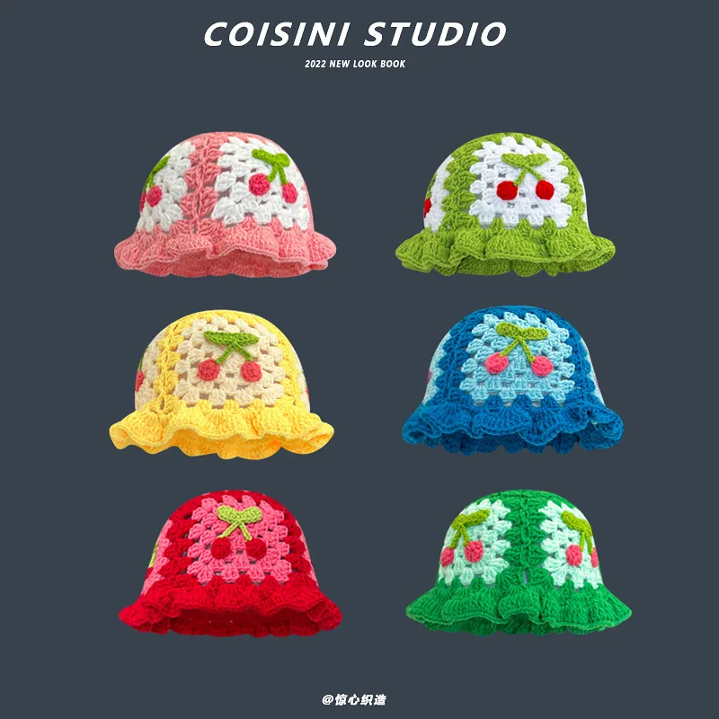 Chapeau seau en Crochet avec boucle à la main pour femme, style coréen-japonais, chapeau de soleil de styliste en forme de cerise, Bob, bassin,