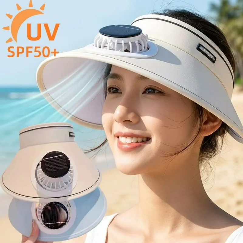 Wide Brim Cooling Fan Sunscreen Hat Women Men Summer Outdoor Universal Solar Fan Visor Hat Empty Top Sunshade Beach Sunshade Cap