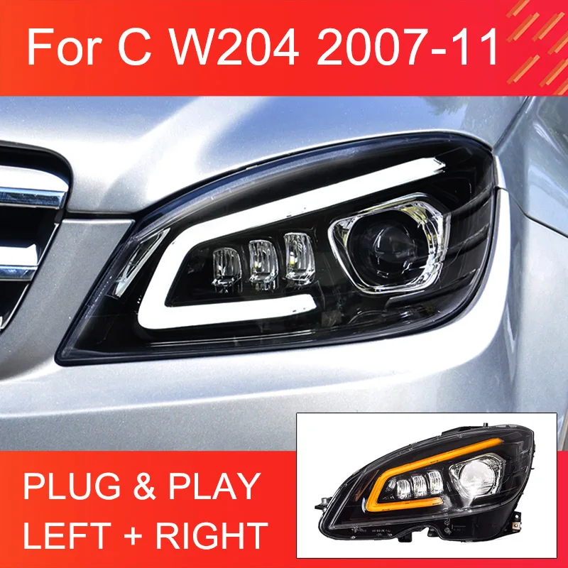 

1 пара светодиодных обновленных фар для Benz W204 2007 2008 2009 2010 2011, фары Plug and Play, светодиодные DRL, динамические поворотные фары