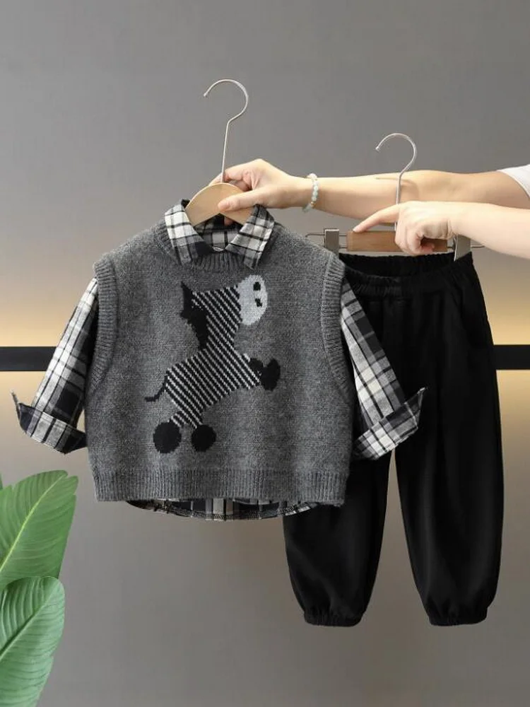 Spring&Autumn Outfit New Breathable Boys Sets Casual Comfort Children's Knit Vest+Plaid Shirt+Pants 3iece Suit Kids Clothing Set
