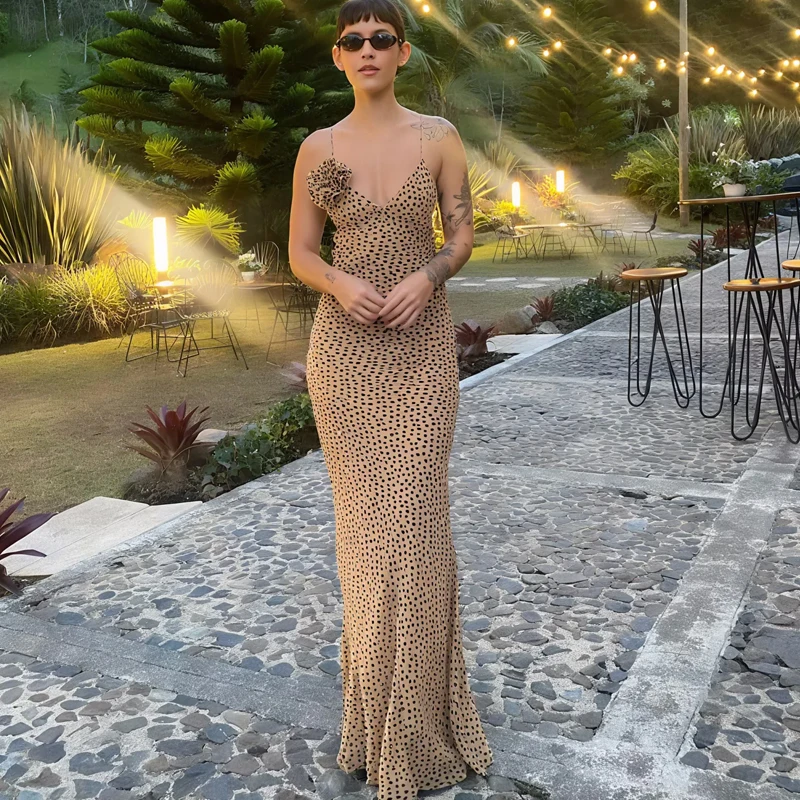 HXAO Floral Slip Womens Dresses Sleeveless Corset Long Party Dresses Polka Dot Backless Sexy Dress V Neck Beach Evening Dress