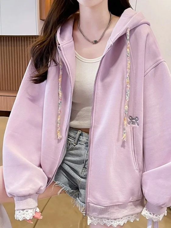 

Casual Sweatirt Cardigan Women's Spring Autumn New Sle Korean Sle Lace Trim Splicing Jaet Student Sweet Lazy Sle