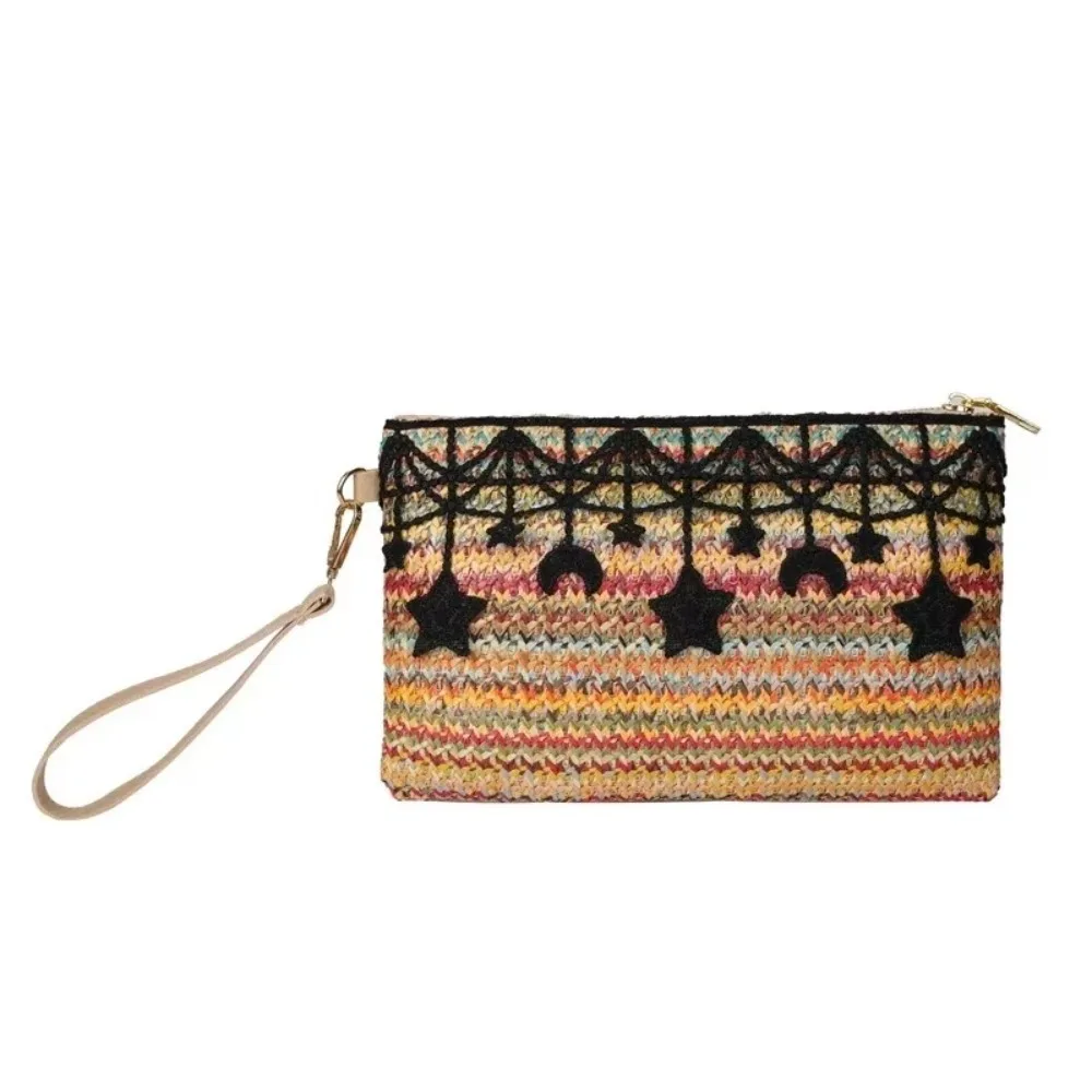 

Portable Lace Straw Weaving Wallet Star Zipper Female Phone Organizer Bohemian Style Coin Purse Ethnic Style Woven Handbag Party