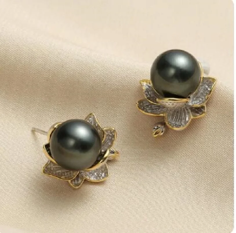 Hot big AAAA 9-10mm natural Tahiti black-green pearl earrings 925s