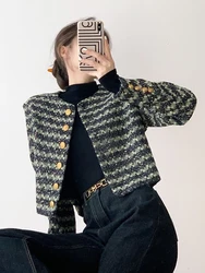 Zoki Retro Green Striped Tweed Jackets Women Elegant Slim Long Sleeve Short Coats High Quality Casual Korean Vintage O Neck Tops