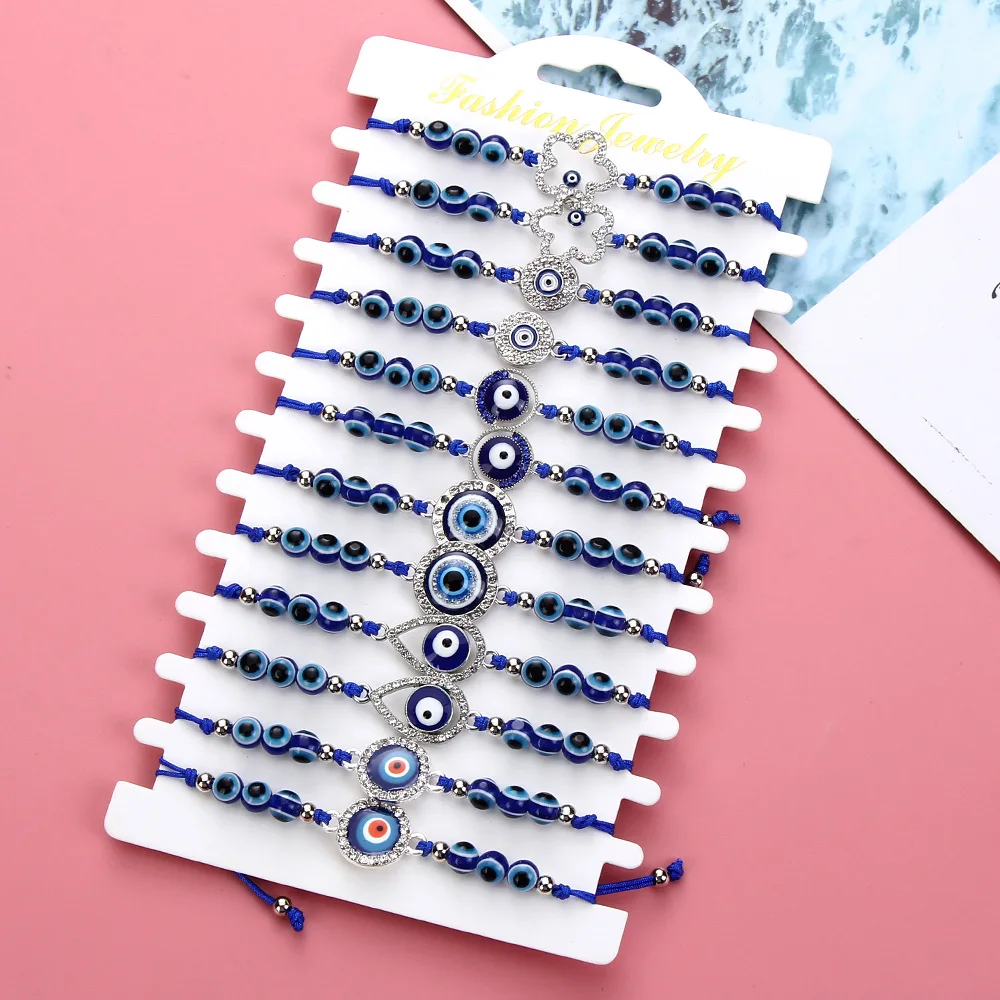 12 Pcs/Lot Lucky Blue Beaded Turkish Evil Eye Alloy Rhinestone Bracelet  Women Men Adjustable Braided Rope Vintage Jewelry Gifts