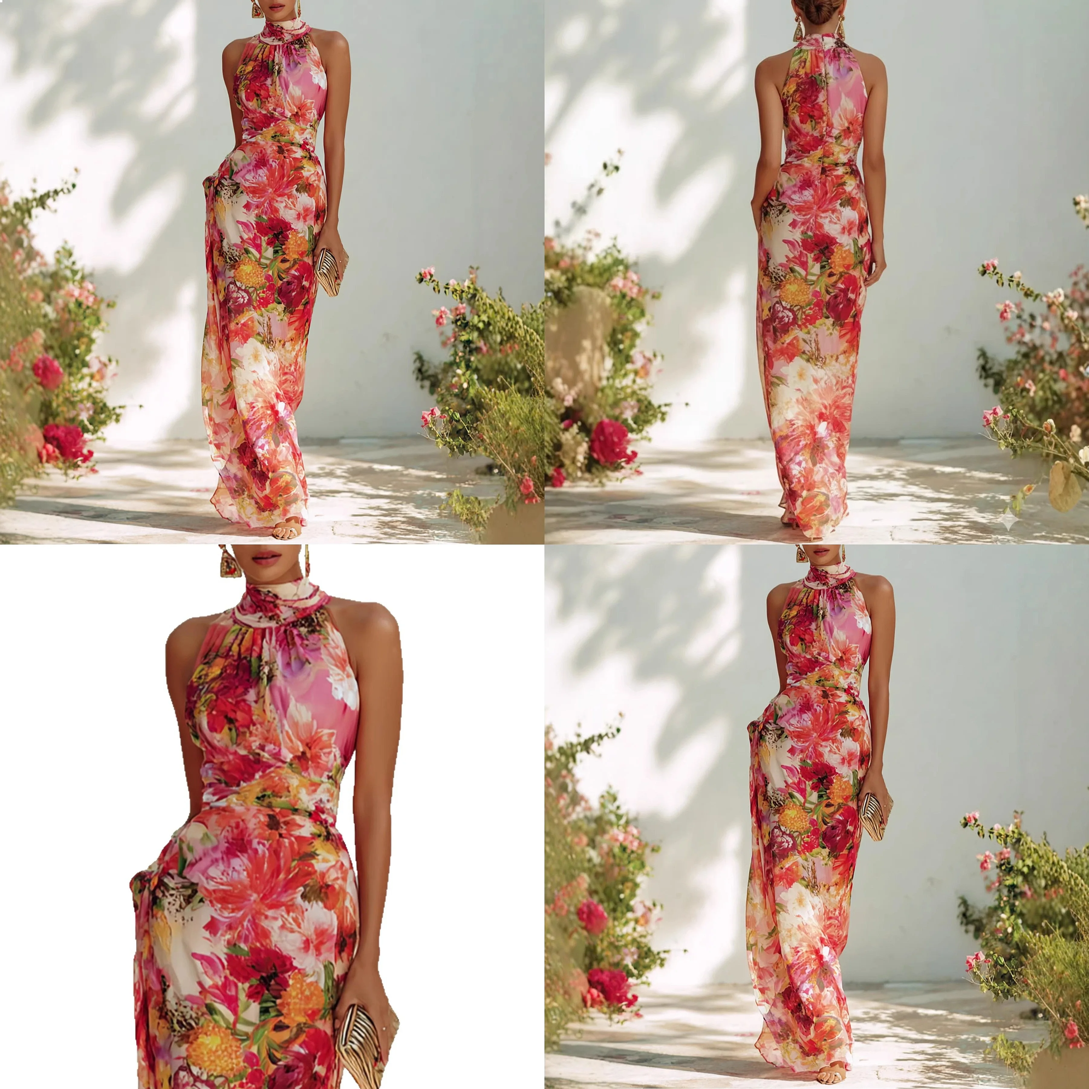 

2026 Spring Summer Floral Print Halter Neck Sleeveless Bodycon Chiffon Dress Dresses Elegant Slim Fit