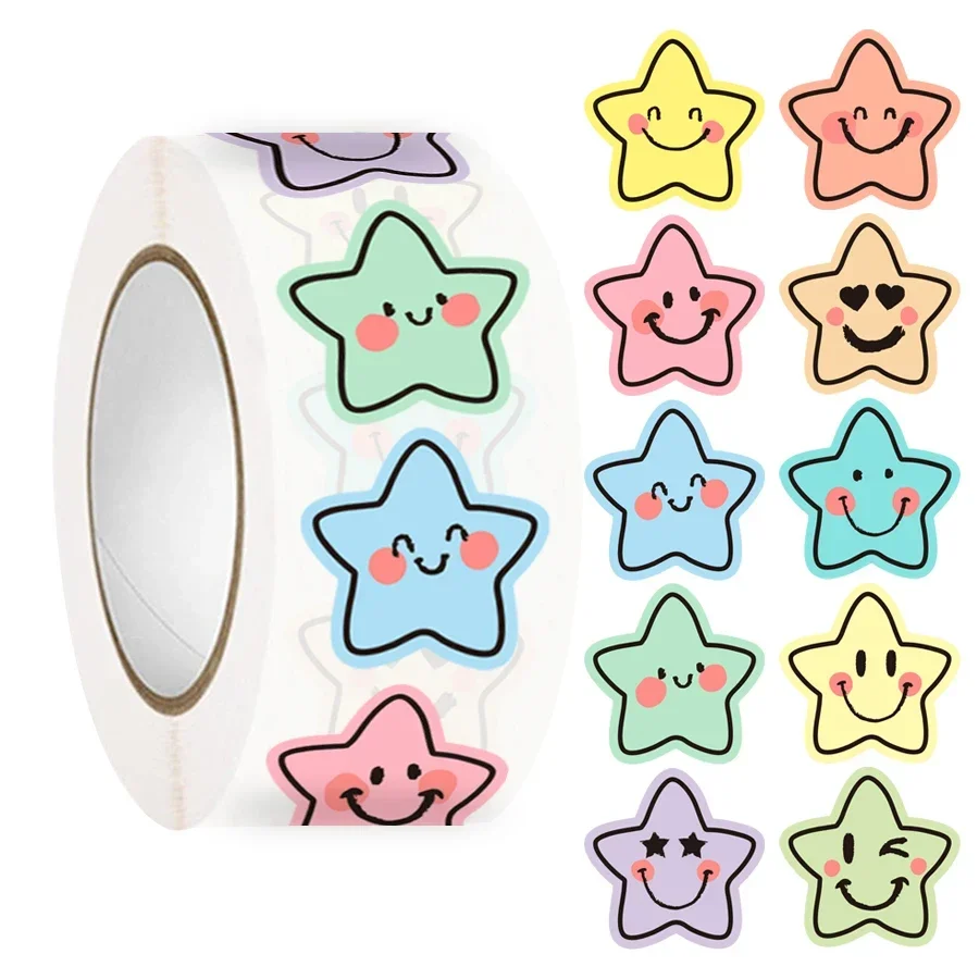 500 Pcs Colorful Star Expression Stickers Roll - Pastel Aesthetic Star-Shaped Labels with Cheerful Design, Self-Adhesive