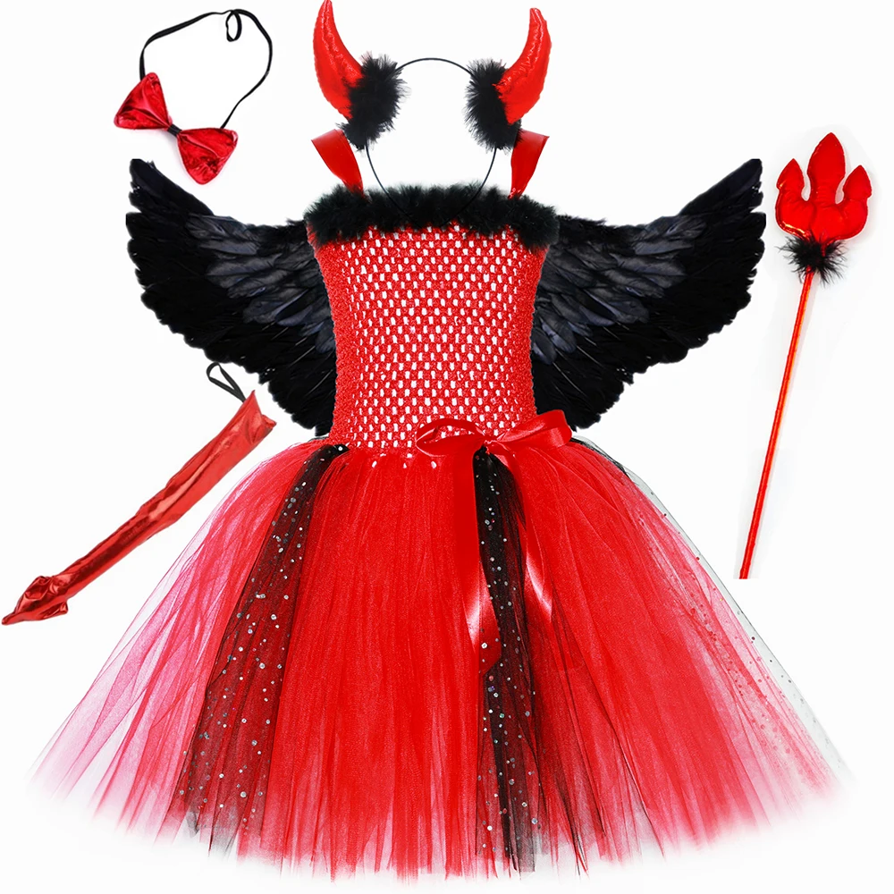 Red Devil Demon Costume for Girls Halloween Tutu Dress Up Clothes Glitter Toddler Kids Carnival Party Dress Wings Horns Outfits