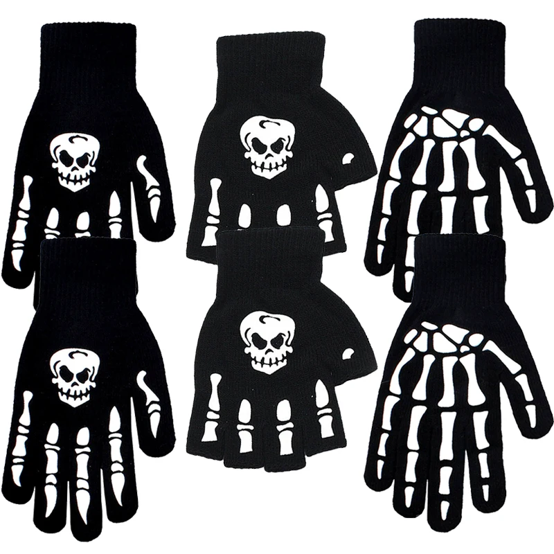 ถุงมือพิมพ์ลายกะโหลกสีขาว ถุงมือถักแบบห้านิ้วสำหรับผู้ชายและผู้หญิง สวมใส่สบายในชีวิตประจำวัน สไตล์สตรีทสำหรับฤดูใบไม้ร่วงและฤดูหนาว