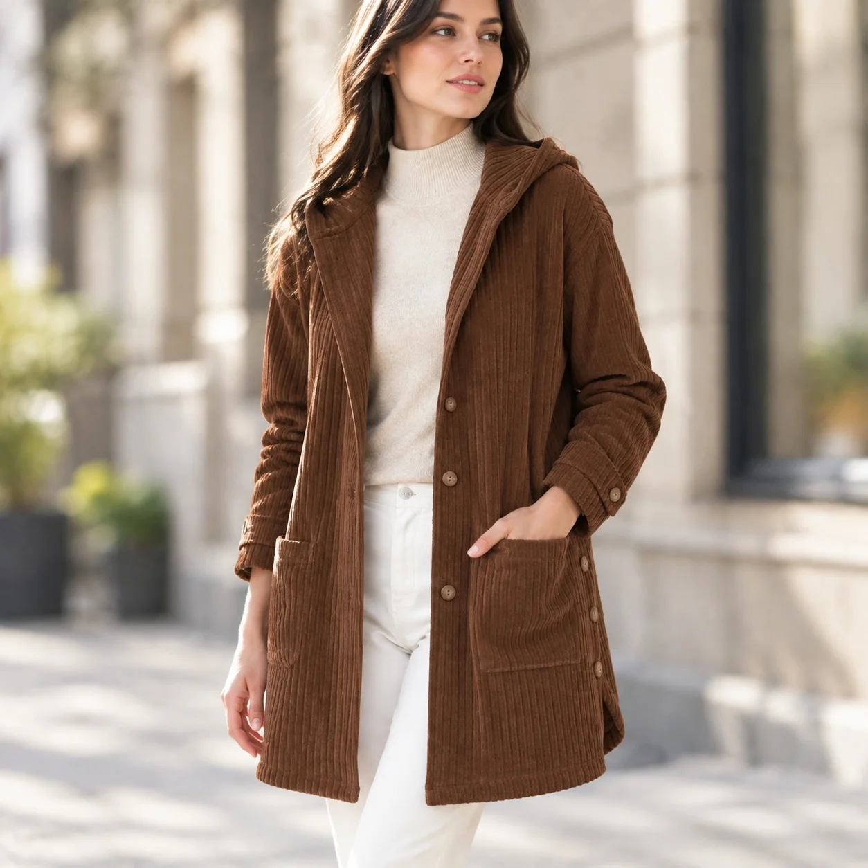 Hooded Loose Fit Mid Length Coat Elegant Commuter with Medium Weight No Iron Finish Regular Sleeve Single Breasted Women Jacket