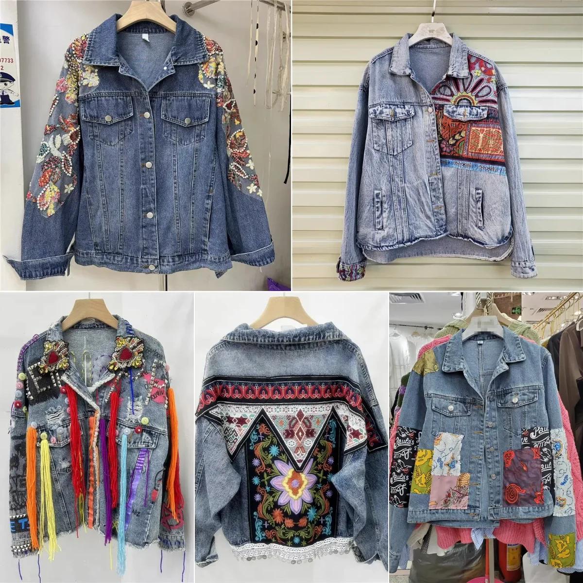 European and American luxury heavy industry embroidery hand-painted designer style nail bead sequin loose denim jacket for women